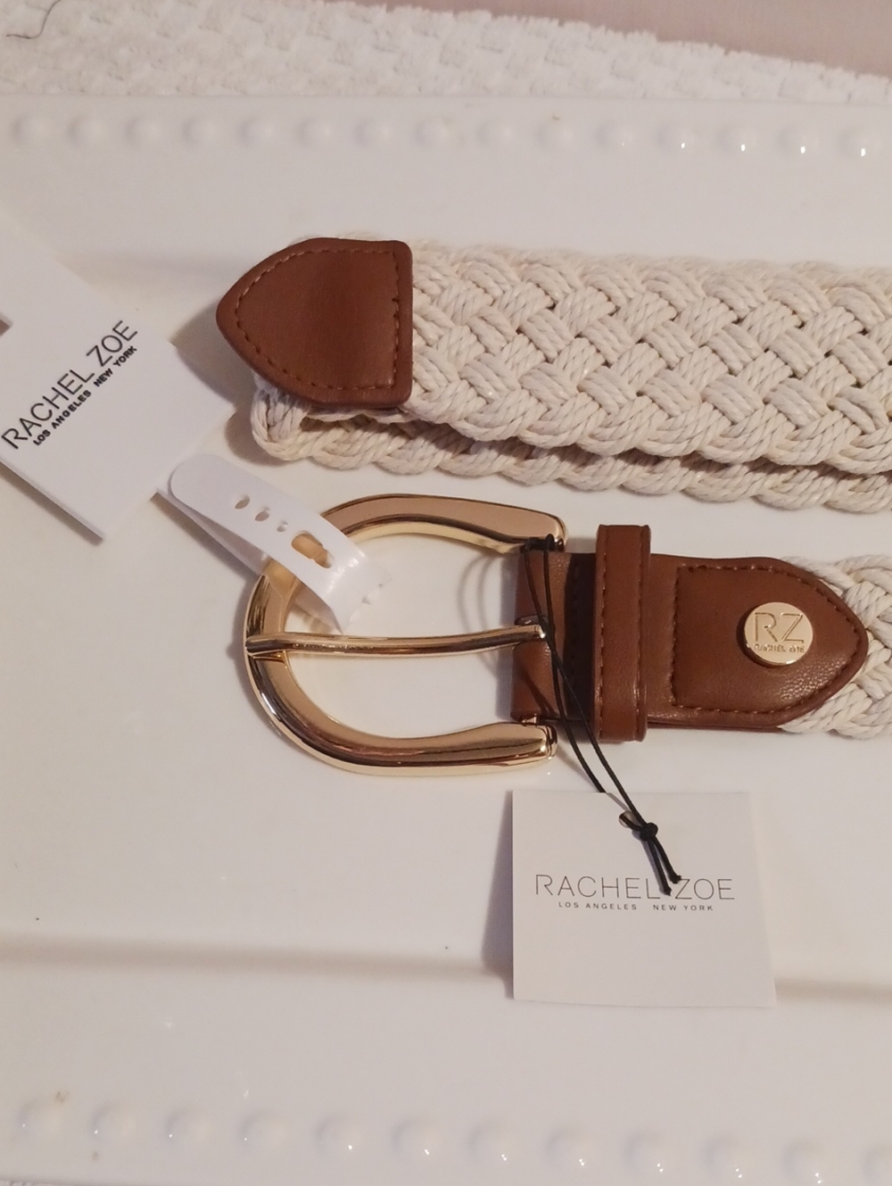 Rachel Zoe ⚜️Cream Braided Belt with Tan Leather Look Trim and Gold Buckle L
